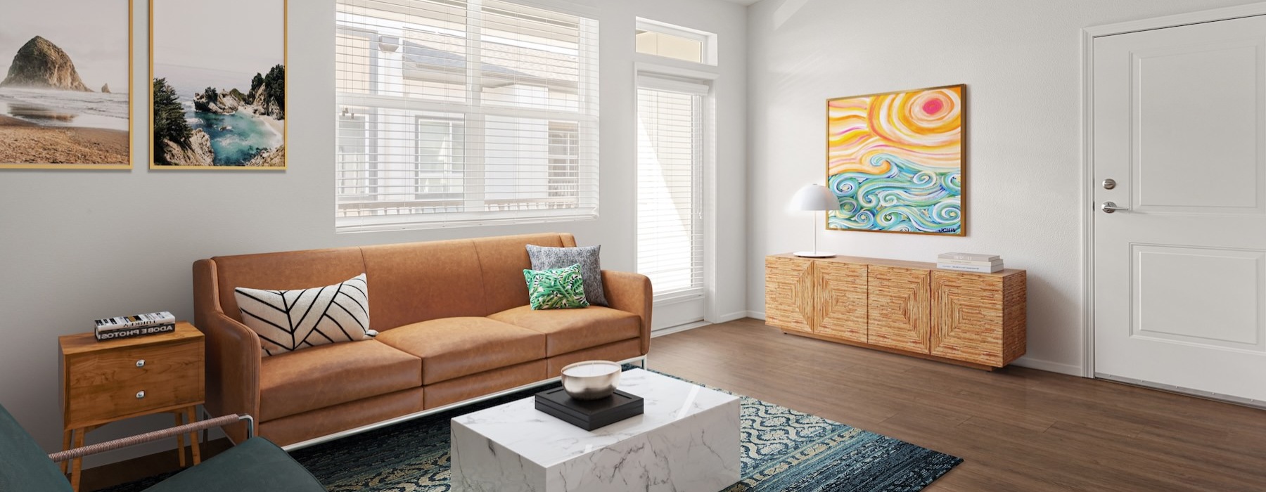 a living room with a couch and a coffee table